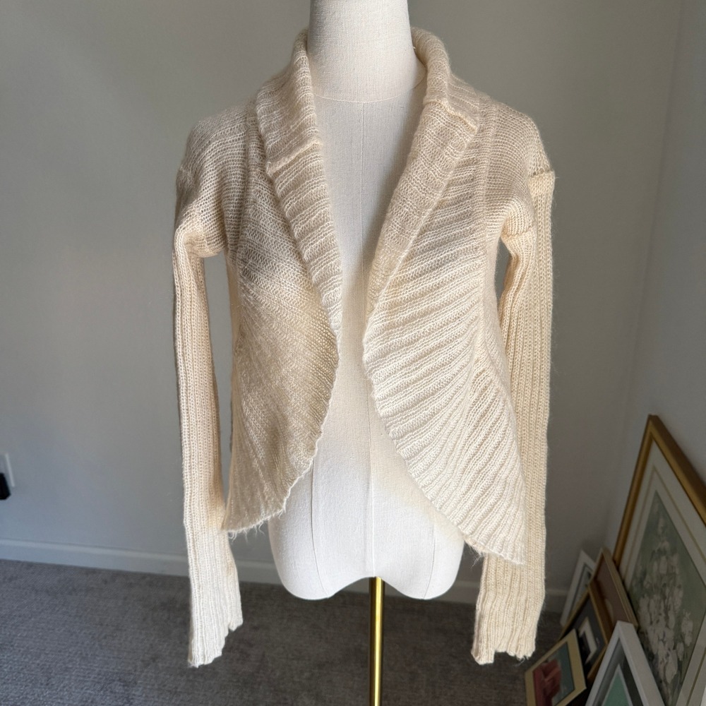 Free People Mohair Blend Textured Knit Open Shawl Collar Cream Y2K Cardigan - Picture 1 of 8